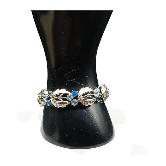 Vintage Pegasus Coro Silver-Tone Bracelet w/ Blue Rhinestones Floral Leaf Design - Picture 3 of 5